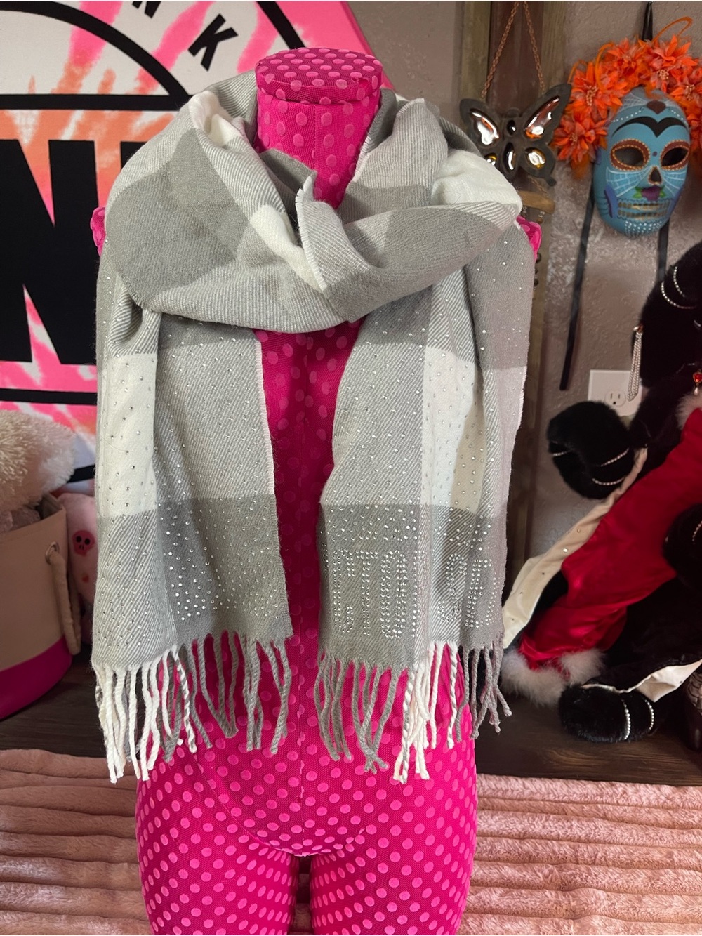 Victoria's Secret Gray & Cream Plaid Fringe Scarf with Sparkle Accents